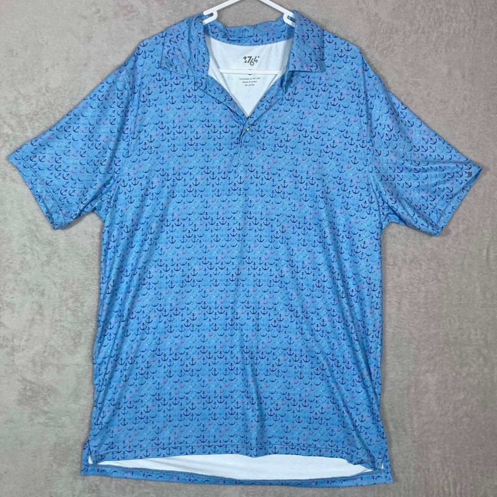 1764 Polo Shirt Mens Large‎ Blue Anchor Print Performance Short Sleeve